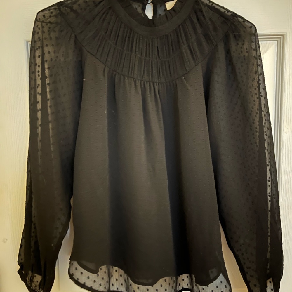 LOFT Black Pleated Ruffled Blouse with Bib Collar